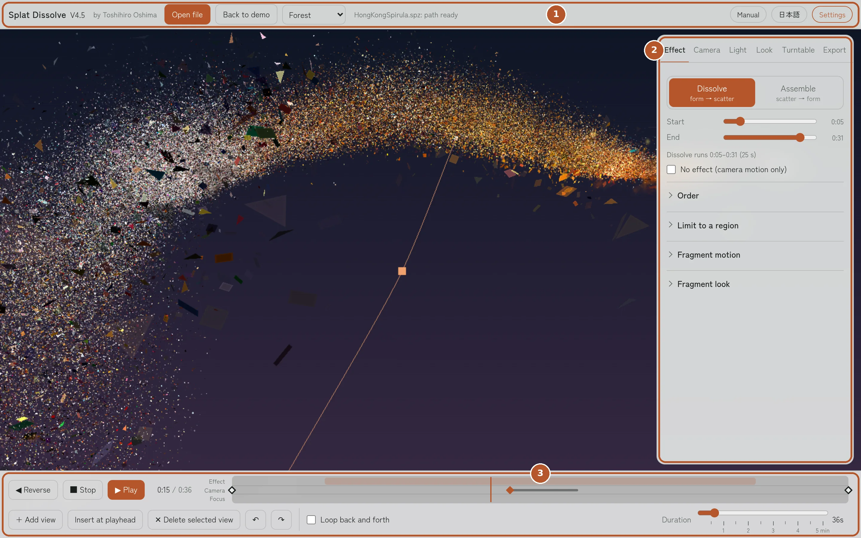 The full Splat Dissolve screen: a file bar at the top, a settings panel on the right and the timeline at the bottom
