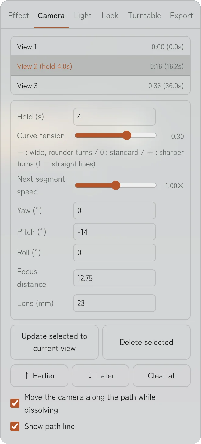 Camera tab, view list and editor