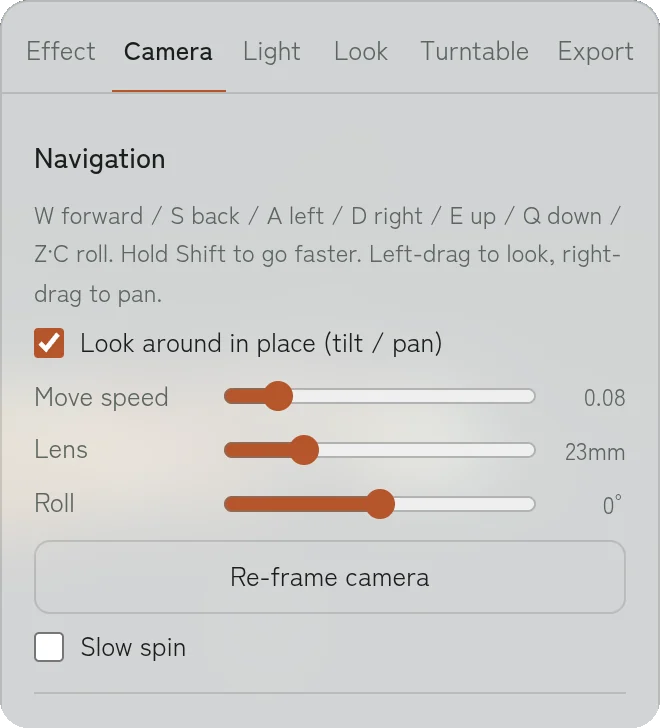 Camera tab, navigation settings