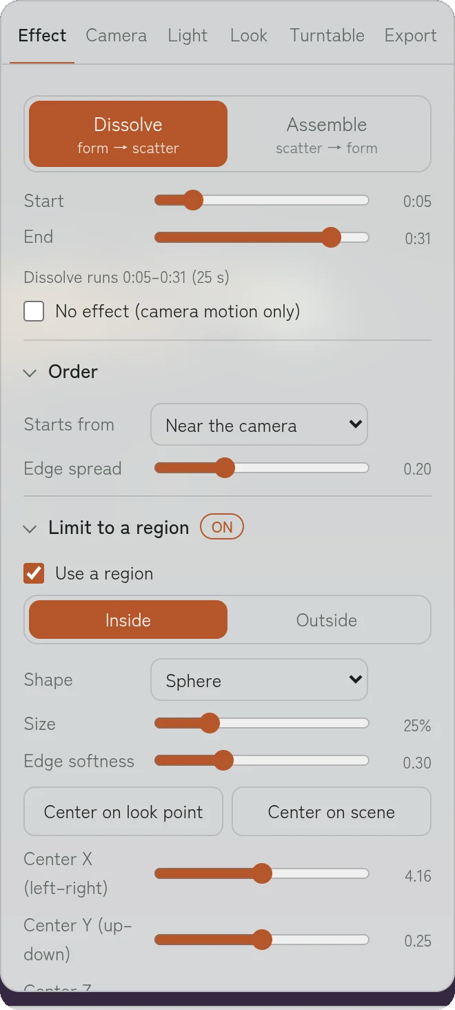 Upper part of the Effect tab: dissolve / assemble switch, start and end, order, region