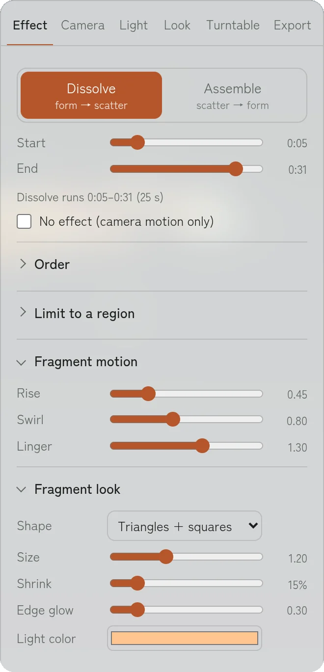 Lower part of the Effect tab: fragment motion and fragment look