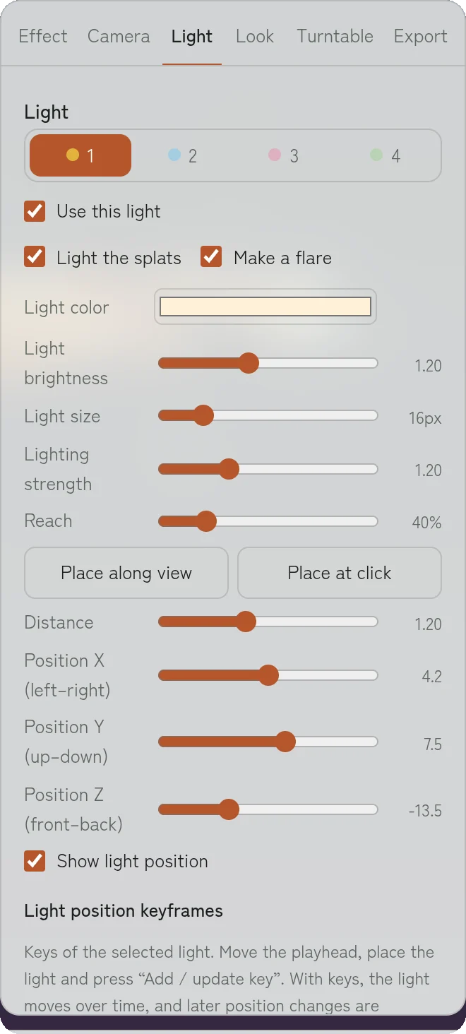 Light tab, light settings