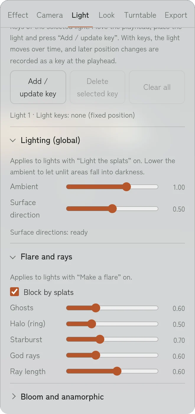 Light tab, lighting and flare settings